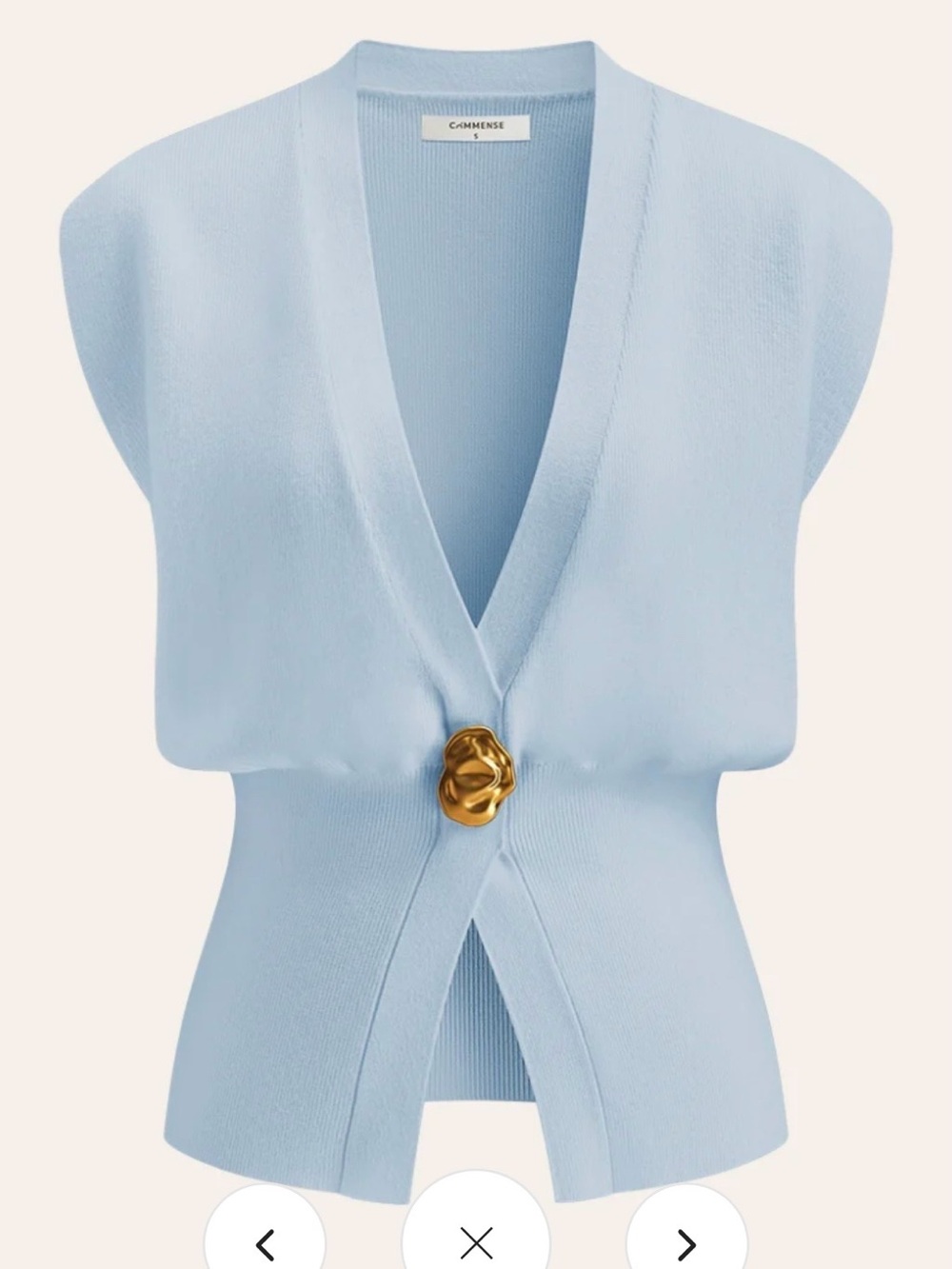 Commense Light Blue Knit Vest with Gold Sculptural Brooch